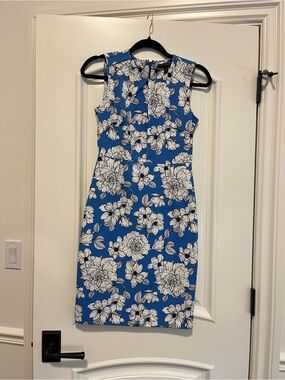 Banana Republic Royal Blue and White Floral Midi Sheath Dress